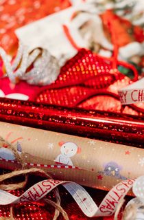 Red and white wrapping paper with ribbons