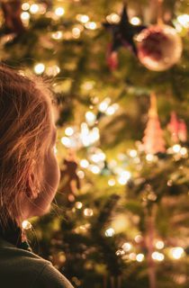 Young child looking at large indoor Christmas tree