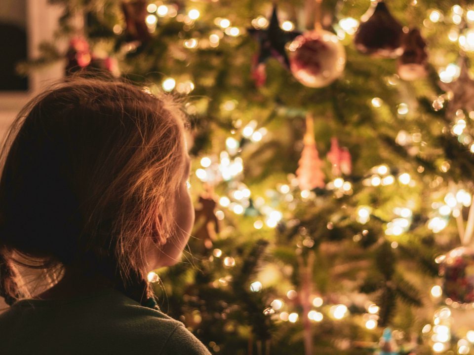 Young child looking at large indoor Christmas tree