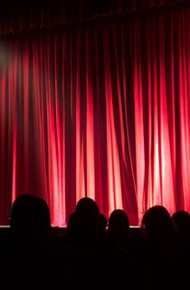 People sitting in a theatre in front of a red curtain