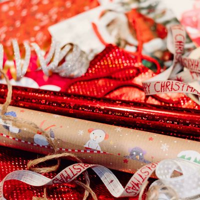 Red and white wrapping paper with ribbons
