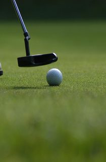 Golf ball and putter on green grass